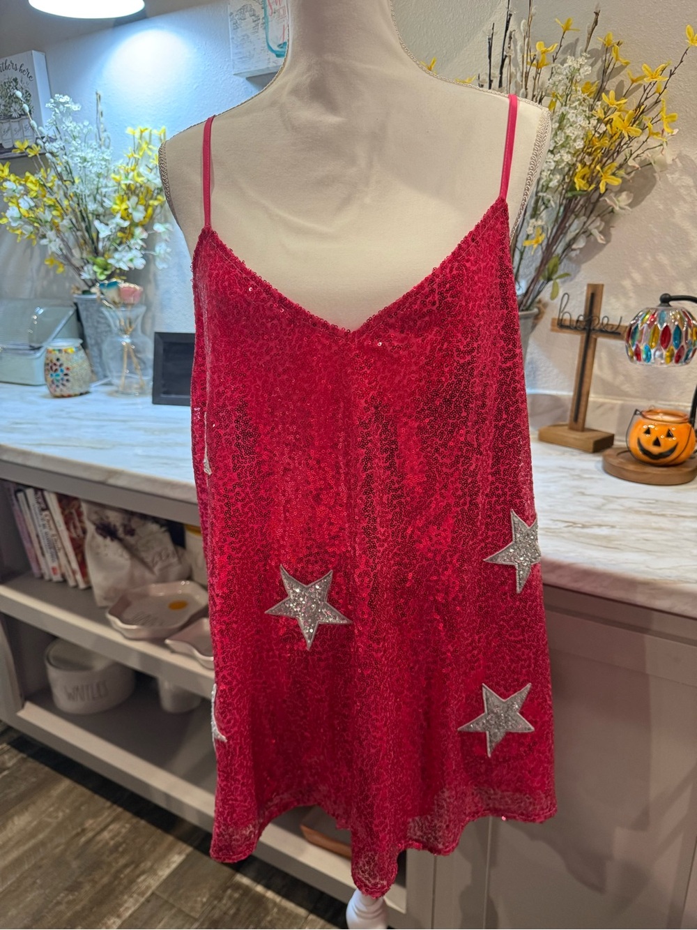 Plus Size 3XL Pink Sequin Star Cami Tank Top